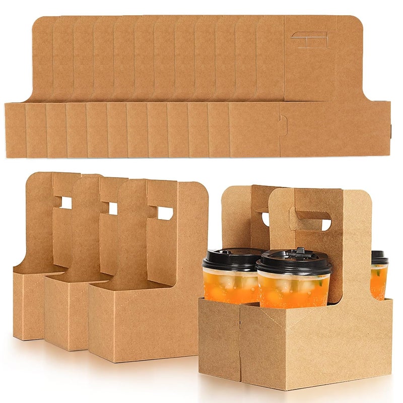Nexboraque 50 Pack 2 Cup Kraft Drink Carrier with Handle, 2 or 4 Cup Kraft Paperboard Drink Carrier Disposable to Go Coffee Cup Holder for Hot or Cold Drinks, Food Delivery, Cafe - Image 1